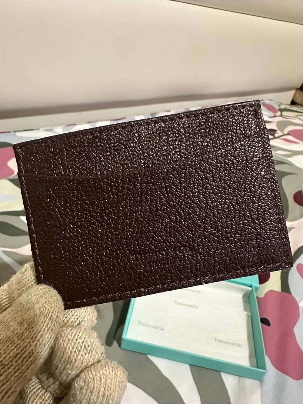 Tiffany & Co. Brown Textured Leather Card Holder Unisex